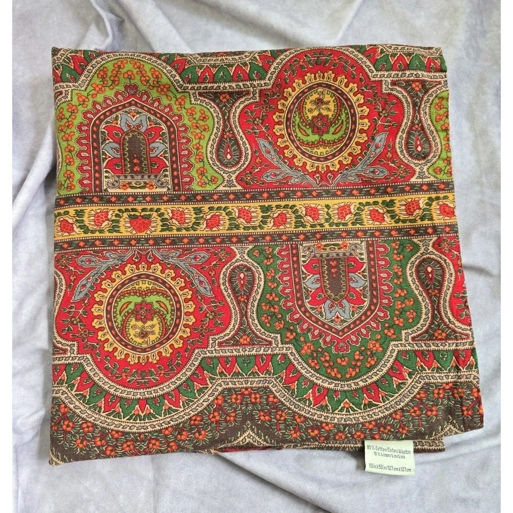 Pottery Barn Holiday Emira Paisley Tablecloth Linen Blend 50×50 Square